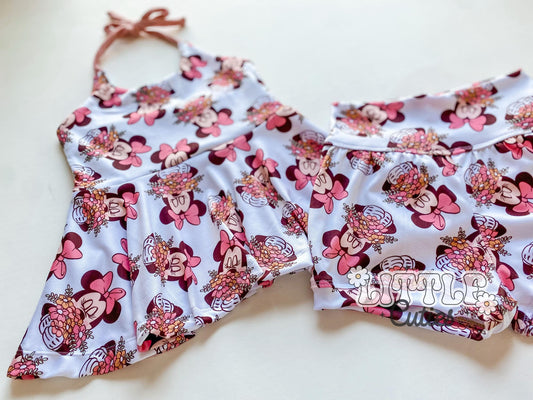 Floral Mouse Halter Peplum + Yoga Shortie Set