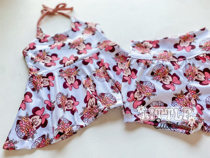 Floral Mouse Halter Peplum + Yoga Shortie Set