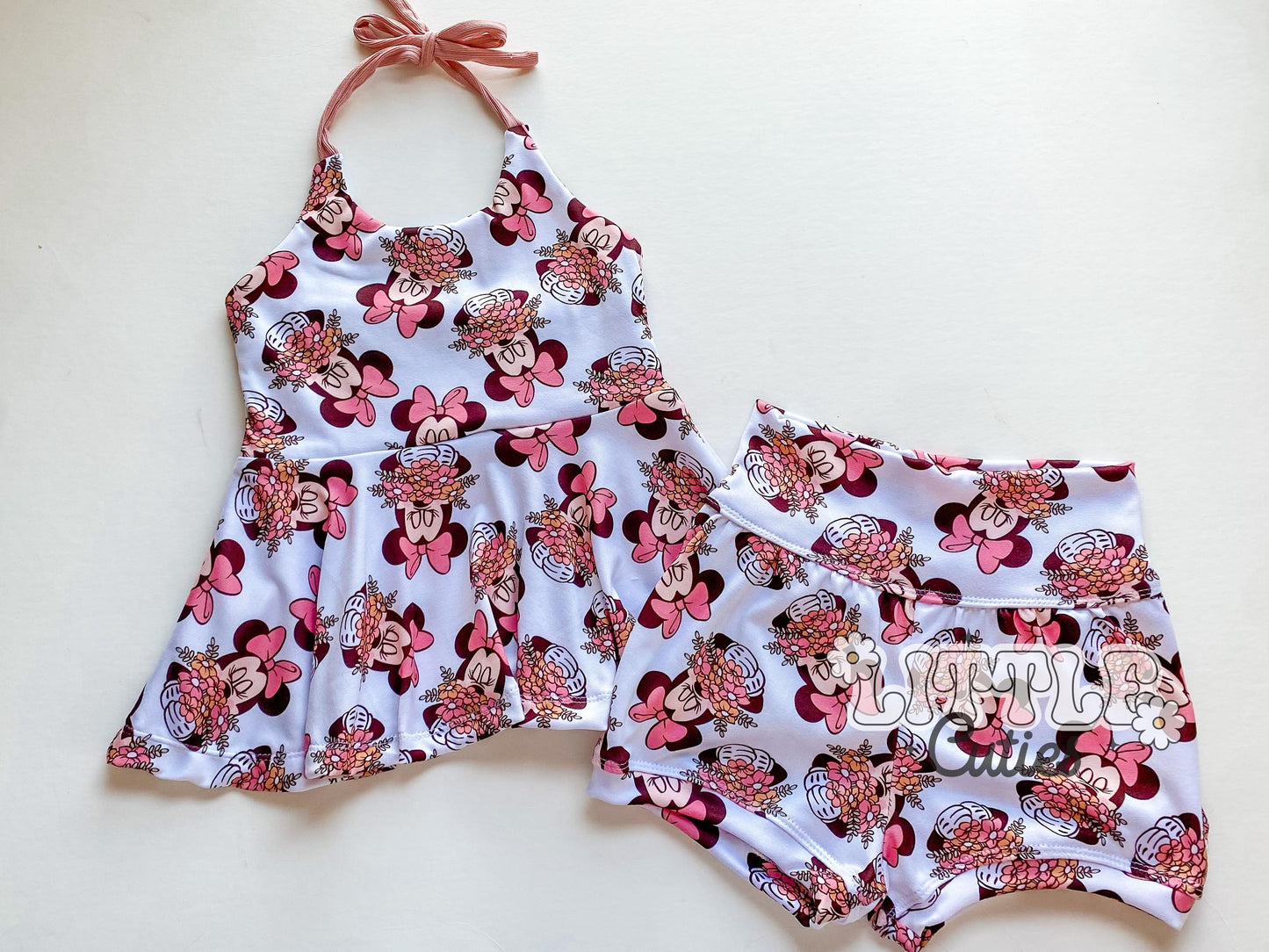 Floral Mouse Halter Peplum + Yoga Shortie Set